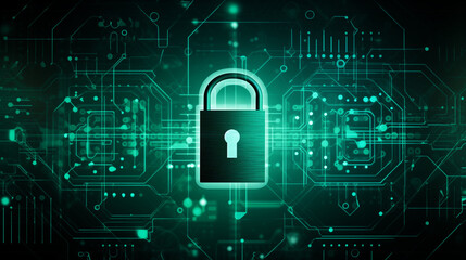 A padlock securely locked on a circuit board against a vivid green background
