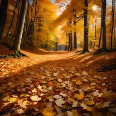 Fallen leaves in autumn forest. Nature background. Fall season concept 
