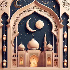Ramadan Kareem Islamic Greeting Card With Mosque And Crescent Moon Paper Art Style Background,