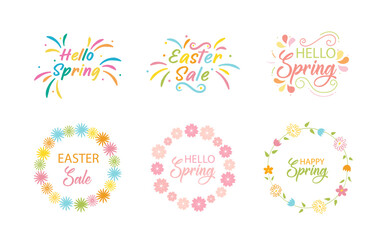  Hand Lettering Set with Flowers and Wreaths. Bright Cute Lettering Hello Spring. Happy Easter. Collection of Spring Templates, Stickers, Posters, Banners, Flyers, Greeting Cards and Invitations.