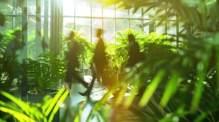 Generative AI, people walking on green office space, motion blur effect, environment concept
