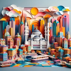 Abstract art paper art origami diorama of Istanbul, colorful modern art ukiyo style.