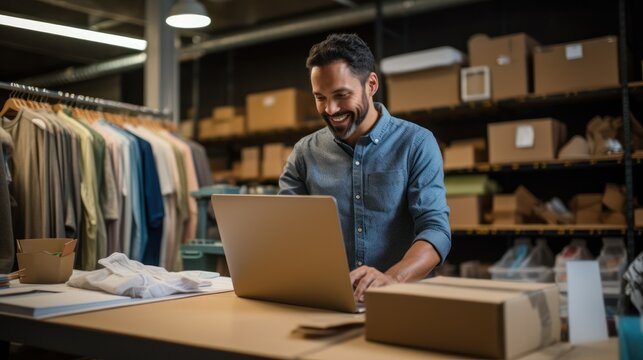 A small business owner works on their laptop preparing aesthetic packaging for products like boxes for customers. It has an e-commerce concept, SME business online concept.