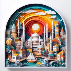 Obraz premium Abstract art paper art origami diorama of Istanbul, colorful modern art ukiyo style.