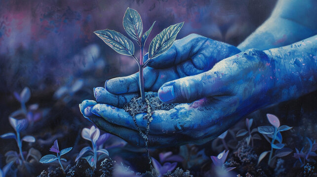 Hands painted in shades of periwinkle and lavender tenderly nurture a young plant, their touch a reflection of the gentle rhythm of life in the natural world.