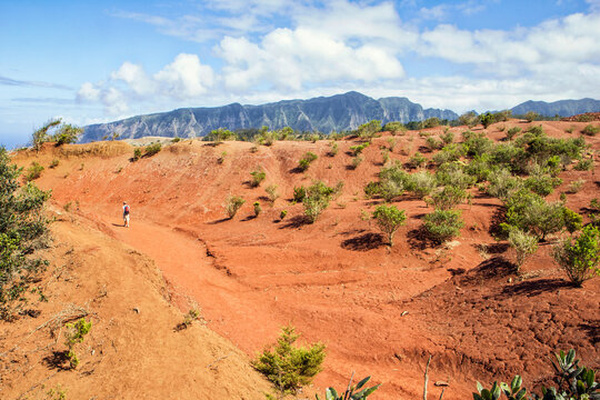 Hiker on red soil, Agulo, La Gomera, Canary Islands, Spain