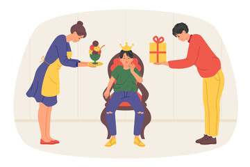 Problems in raising spoiled boy, parents trying to please beloved son with gifts and sweets. Yawning teenager with bad upbringing and crown on head, not paying attention to parents