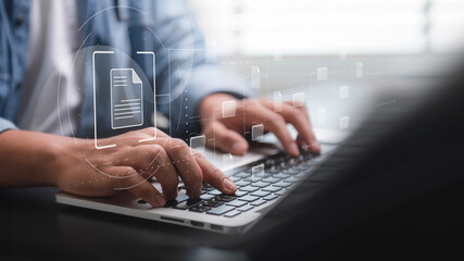 Document management system concept, business man searching folder and document icon software,...