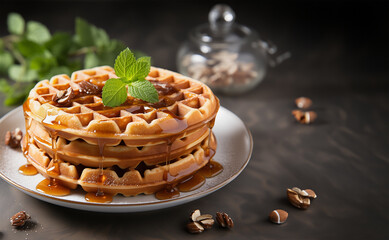 Round waffles on plate with syrup and nuts on dark rustic table background