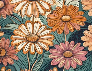 Fotobehang 1970 Daisy Flowers, Trippy Grid, Wavy Swirl Seamless Pattern Pack in Orange, Pink Colors. © ilolab
