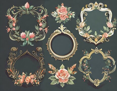 Decorative vintage frames and borders set, Gold photo frame with corner Thailand line floral for picture