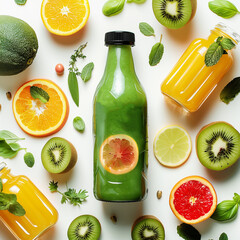 Green and yellow smoothie bottles flat lay on white background with sliced fruits  and mint leaves, top view. Healthy food and lifestyle