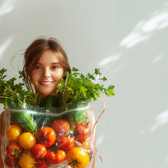 Young women with transparent shopping bag full of vegetables, tomatoes and green herbs at wall background with sunshine