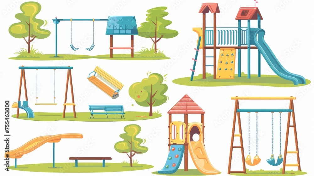 Wall mural collection of playground park swings and slides. cartoon modern illustration set of equipment for pu