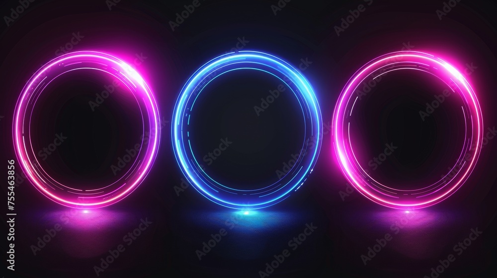 Aufkleber neon glowing circle with glitch effect on black background. realistic modern illustration set of rin