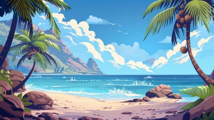 An empty shore scene of a summer tropical lagoon with calm sea or ocean water, a beach with sand, stone trees, coconut palm trees, rocky mountains and blue sky. Cartoon modern empty shore scenery.