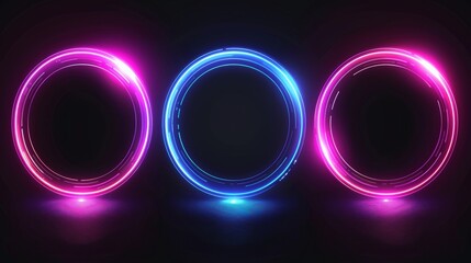 Neon glowing circle with glitch effect on black background. Realistic modern illustration set of ring border with tv digital light bug. Round luminous shape with video lag and noise texture. - obrazy, fototapety, plakaty