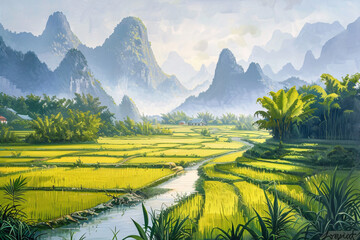 a river running through a valley with mountains and trees with Li River in the background - obrazy, fototapety, plakaty