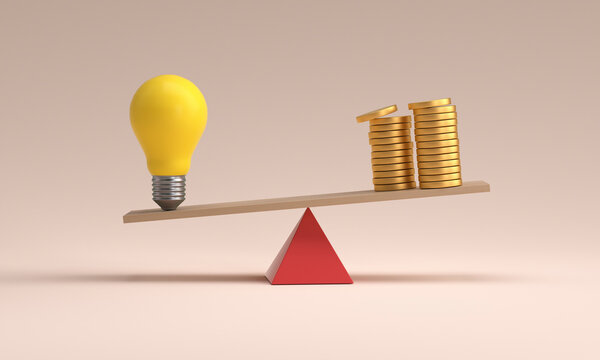 Balance of light bulb and money stack against pink background