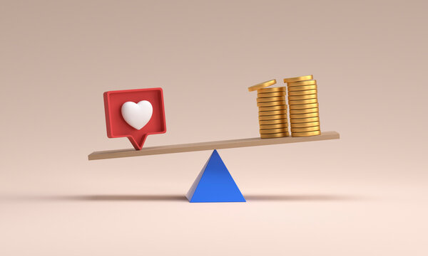 Balance of social media, heart like and money stack against pink background