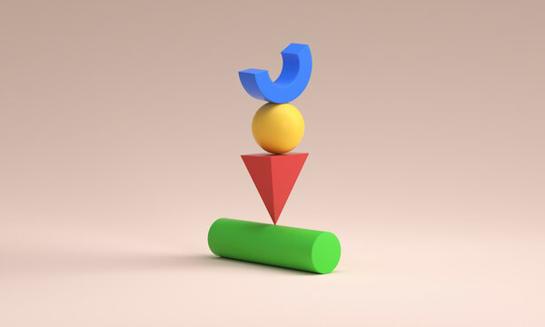 Geometric volumes in impossible balance stack one on each other over colored background