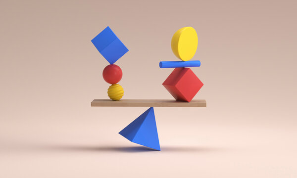 Abstract balance shapes stack against pink background