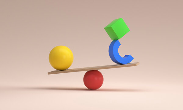 Color shapes in impossible balance over pink background