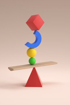 Geometric shapes in equilibrium with wood plank over pink background