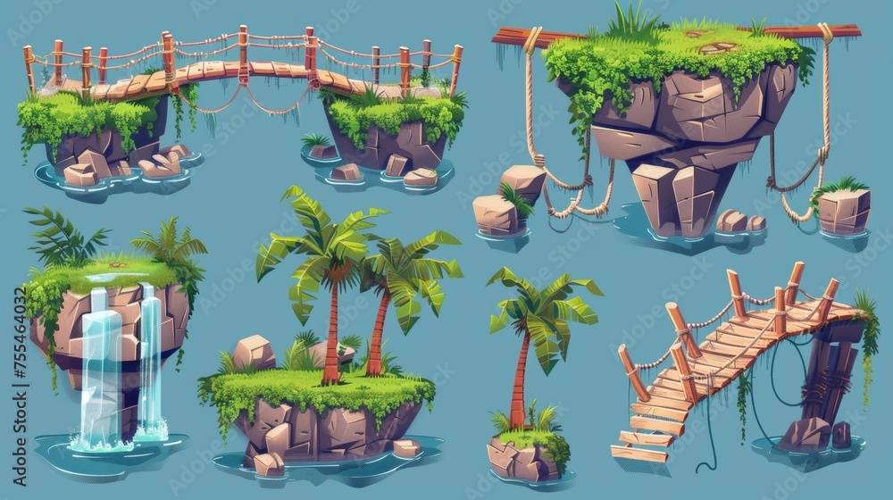 Aufkleber a cartoon modern set of footbridge and island for jumping and walking. game level map ui asset kit -