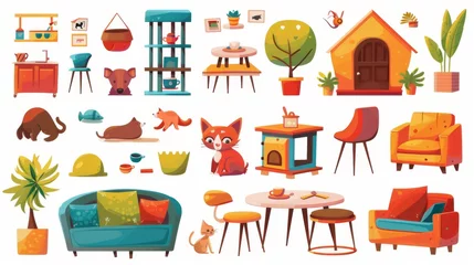  Modern cartoon illustration of coffee shop interior furniture with animal house and toys, tables and chairs, couch with color cushions. © Mark