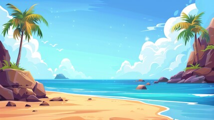 Fototapeta na wymiar Tropical coastline with blue water, sand, rocks, palm trees, and clouds. Cartoon modern summer sunny day scene.