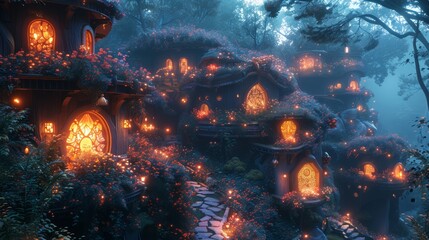 Fairy tale village with magical creatures and glowing plants - obrazy, fototapety, plakaty