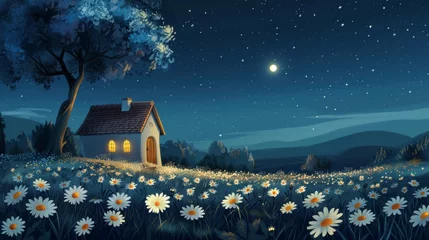Fotobehang A cartoon spring or summer dusk landscape with blossoms and trees on a field with daisy flowers, a firefly, and lights in windows of a lonely rural house at distance on a hill at night. © Mark