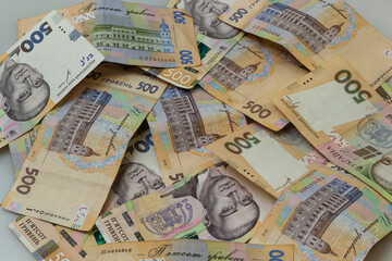 Money of Ukraine. Background of ukrainian hryvnia banknotes. Hryvnia 500, 200. Uah. Money and save concept