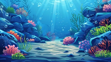 Maritime floor scene with coral, weeds, stones, and bubbles. Deep underwater sea, ocean, or aquarium sand bottom with marine plants and fishes. Cartoon nautical floor scene with tropical aquatic