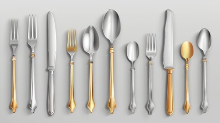 3d realistic cutlery big kit. Modern illustration set of silver and golden spoons, knives, and forks. Top view of kitchenware or restaurant tableware. - obrazy, fototapety, plakaty