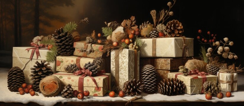 This painting depicts a festive scene of Christmas presents wrapped in colorful paper and decorated with cotton and pine cones. The pine cones add a touch of rustic charm to the holiday gifts