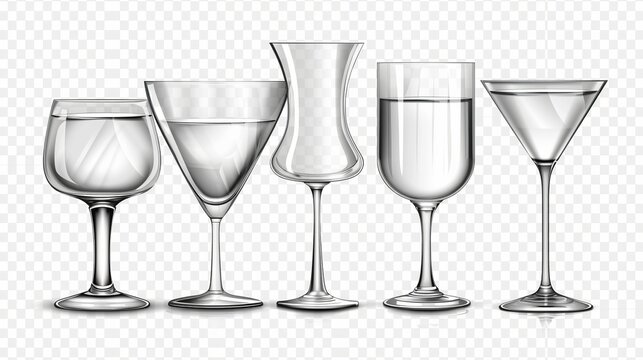 3D cocktail glass set isolated on transparent background. Modern realistic illustration of clean empty cup for alcohol, juice, water, light reflection on clear glassware surface, party design
