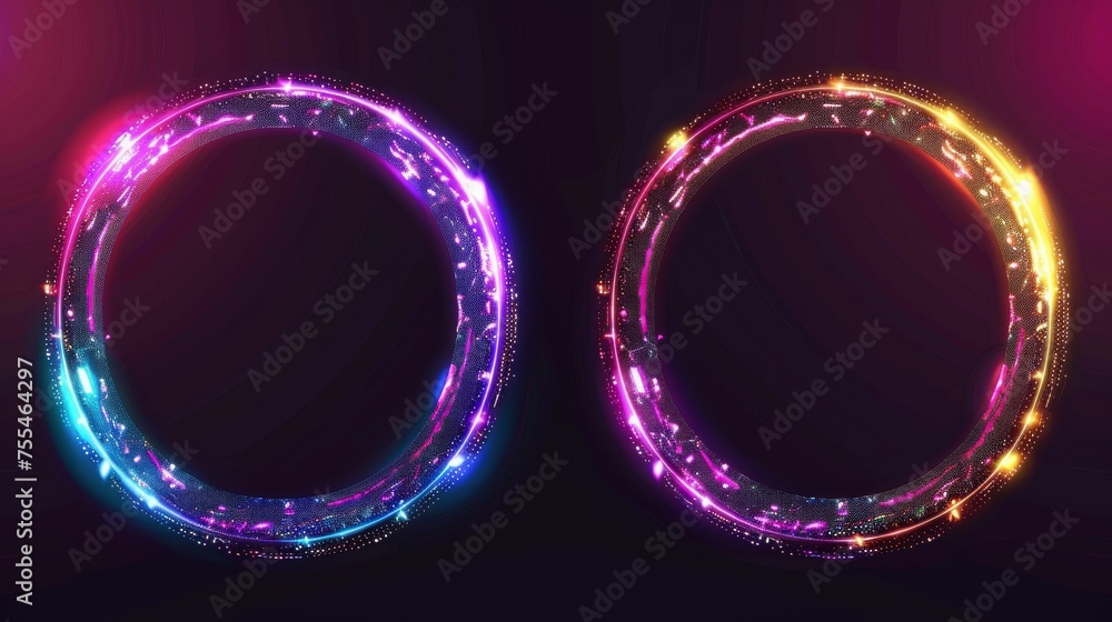 Poster retro futuristic holographic ring design borders with tv color bugs and digital distortions. neon ci