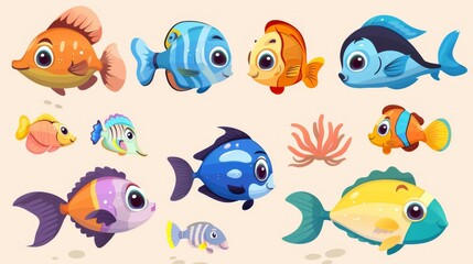 Fototapeta na wymiar Funny sea animal characters. Funny cartoon fish with fin and smiling lips. Aquatic bottom wildlife habitat. Aquarium animals.