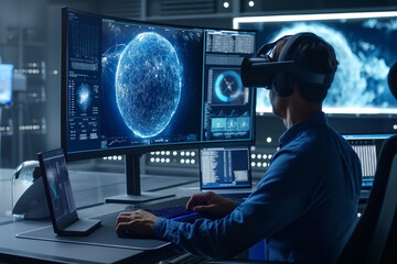 Futuristic illustration of a man using virtual reality spatial computer goggles VR glasses headset in his daily work activity tasks with 3d digital projection