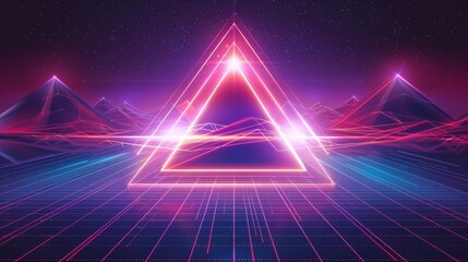 An abstract grid mountain landscape and a bright glowing neon triangle make up this synthwave style background. It's a sophisticated modern illustration suitable for a music cover or retrofuturistic