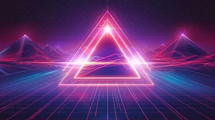 Poster An abstract grid mountain landscape and a bright glowing neon triangle make up this synthwave style background. It's a sophisticated modern illustration suitable for a music cover or retrofuturistic © Mark