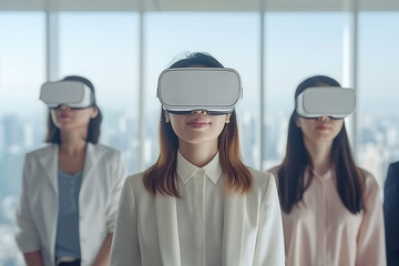 Futuristic illustration of people using virtual reality spatial computer goggles VR glasses headset in their business meetings, IT technology 