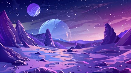 Cartoon modern illustration of cosmic landscape with space bodies and alien planet surfaces with craters. Fantasy universe object scenery for exploration concept.