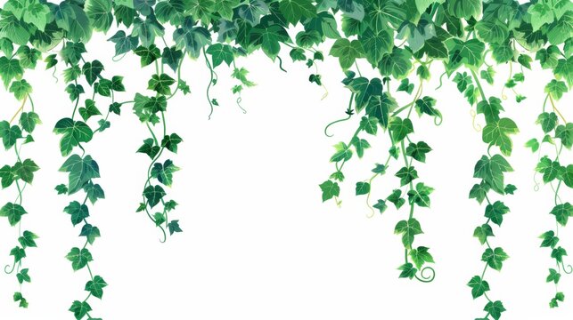 Modern illustration border of rainforest tree creeping branches with foliage. Long ivy climbing plant stem and rope. Tropical hanging vegetation frame.