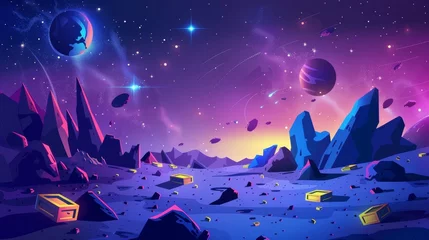 Schilderijen op glas An alien planet surface designed to be used for game user interfaces. Modern illustration of stars, asteroids and neon yellow crates in the night sky. © Mark