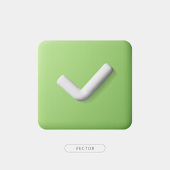 3d green square checkmark icon. Valid or validated, verified label or certified symbol. Isolated on white background. 3d Approval or success icon. Vector illustration