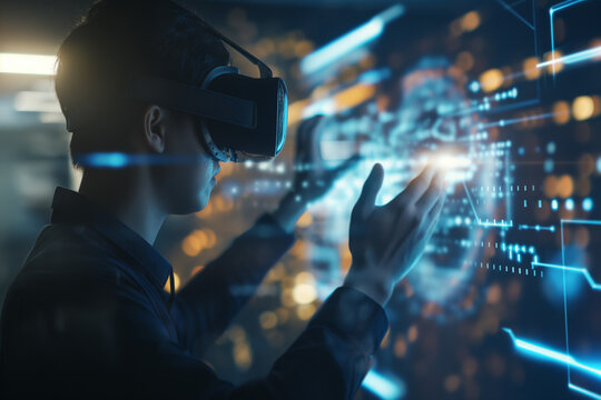 Futuristic illustration of a man using virtual reality spatial computer goggles VR glasses headset in his daily work activity tasks with 3d digital projection