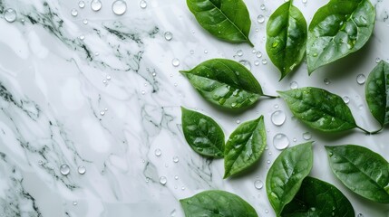 Obraz premium Spa Product Green leaves in water on a light marble background. Summer concept, flat lay, top view. background for the display of natural cosmetics. Nature background for luxury product placement